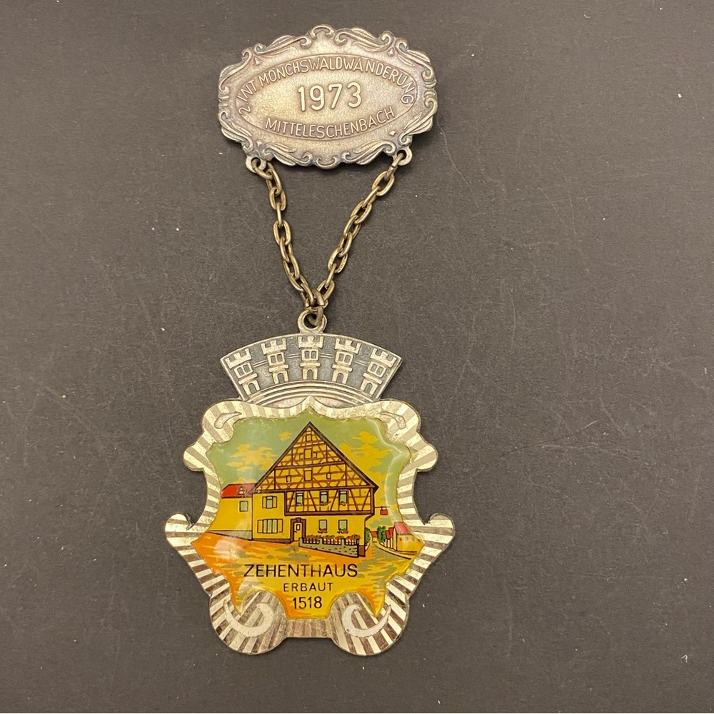 Vintage German Volksmarch Hike Medallion Pendant - Colorful Enamel Shield